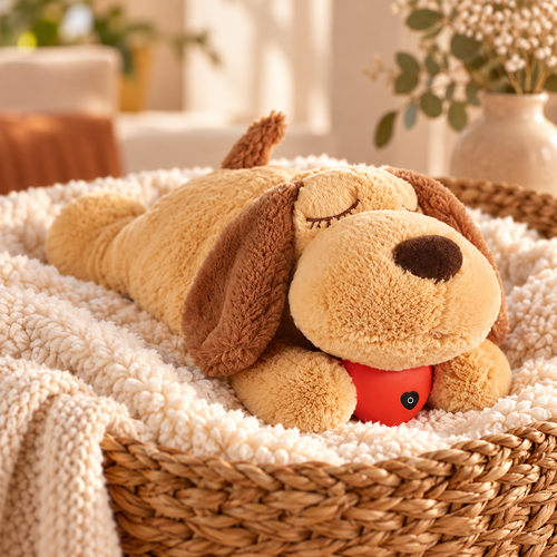 Milo, peluche pour chien avec cœur apaisant dans un panier