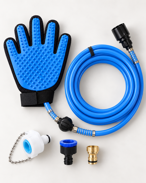 Brosse de douche massante bleue pour chien avec tuyau
